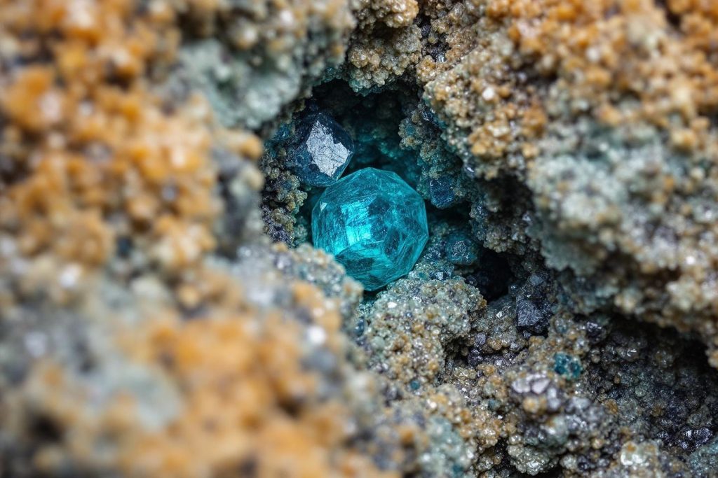 Cristal géométrique bleu-vert brillant dans une matrice rocheuse