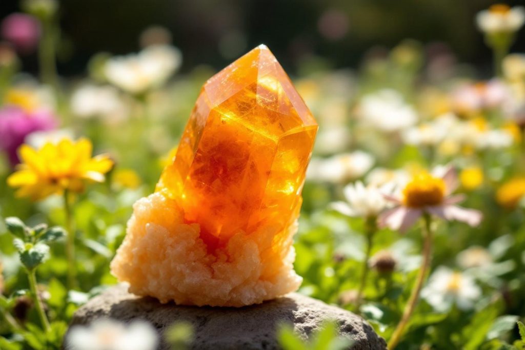 Cristal orange lumineux posé sur une pierre entouré de fleurs