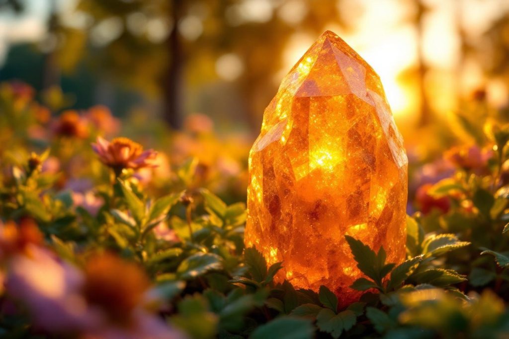 Cristal orange brillant posé parmi des fleurs automnales