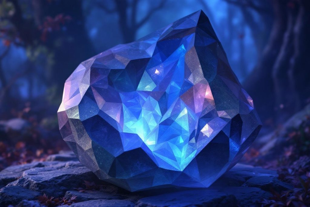 Gemme bleue brillante géométrique sur rocher sombre et feuillage