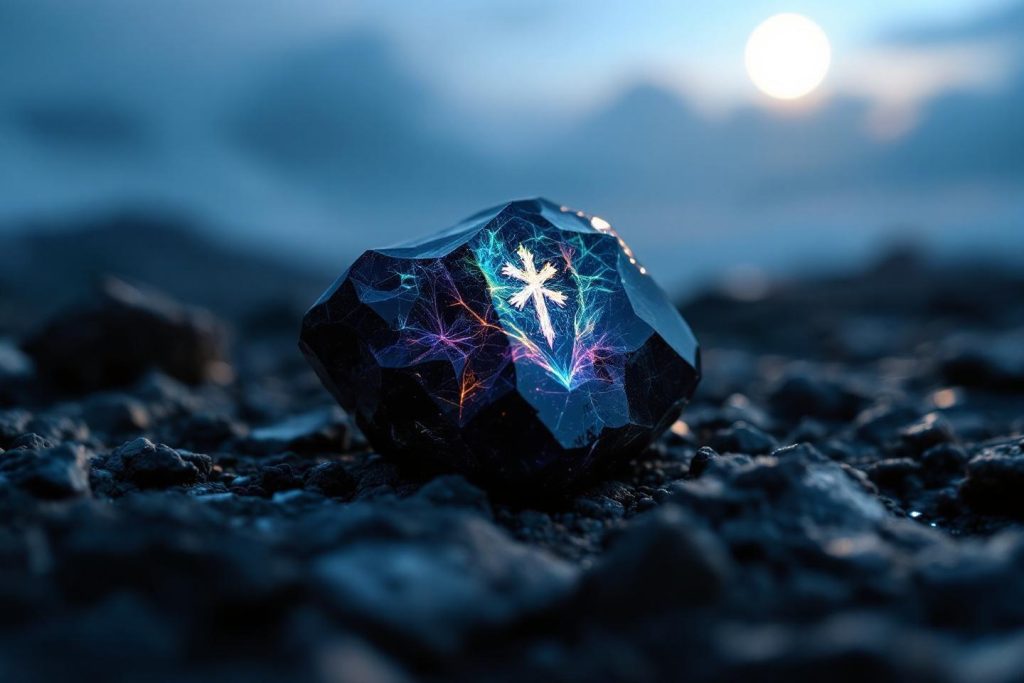 Pierre noire brillante avec des motifs lumineux bleus et violets