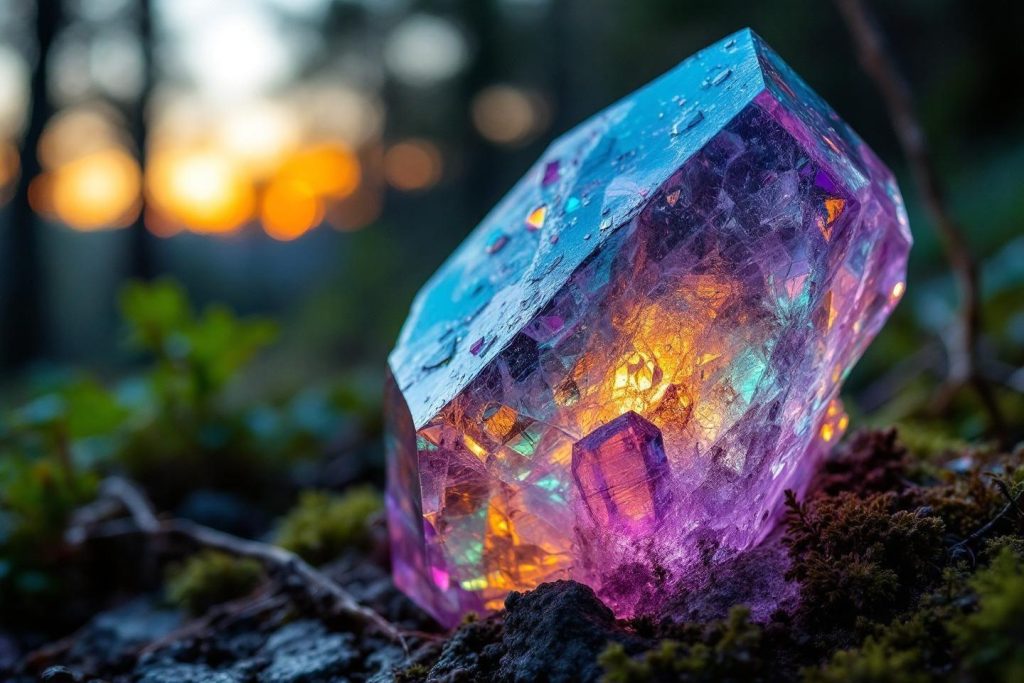 Gemme brillante aux reflets violets, bleus et orangés au crépuscule