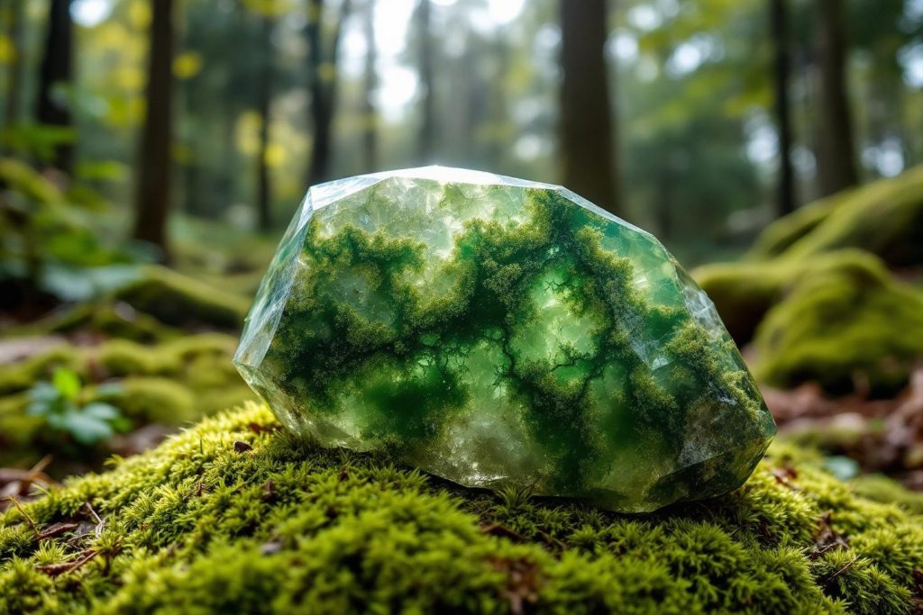 Gemme translucide verte posée sur une mousse verdoyante en forêt