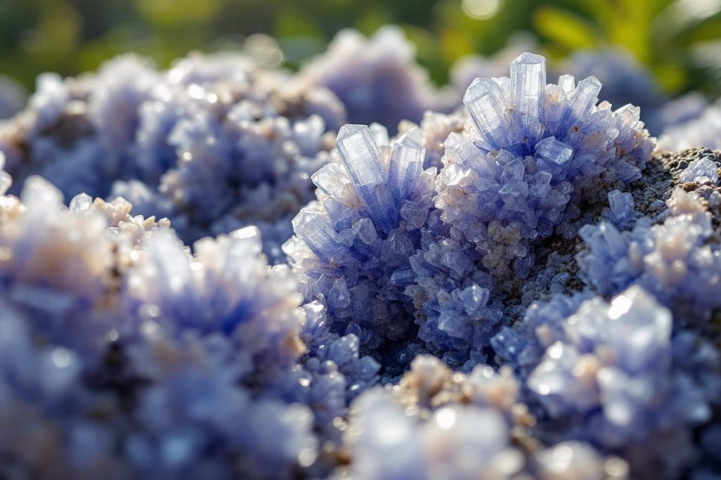 Gros plan sur des cristaux bleus brillants en forme d'éventail