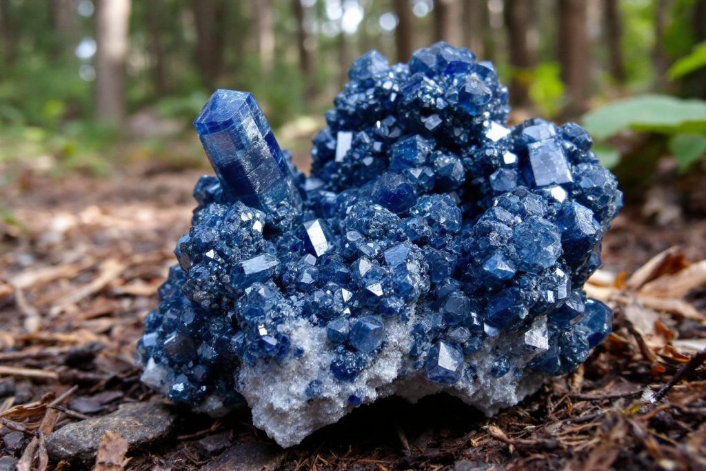 Agrégat de cristaux bleus brillants sur sol forestier