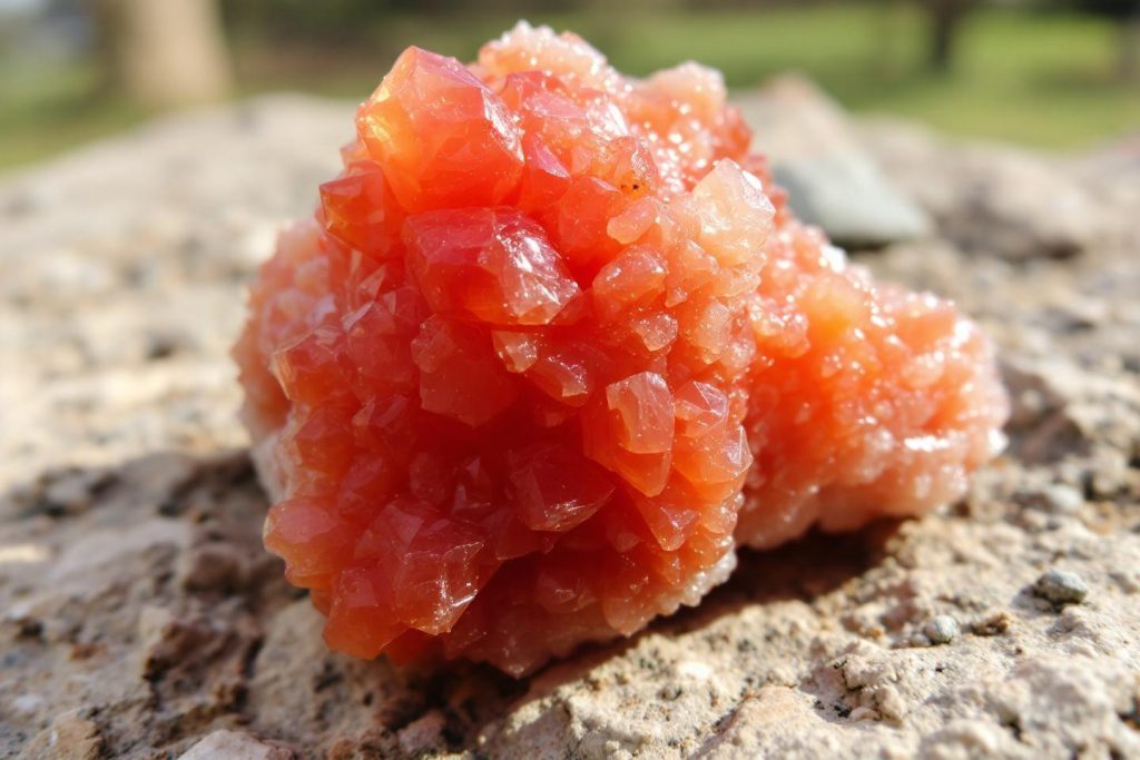 Gros plan sur un bloc de cristaux de quartz aux tons corail