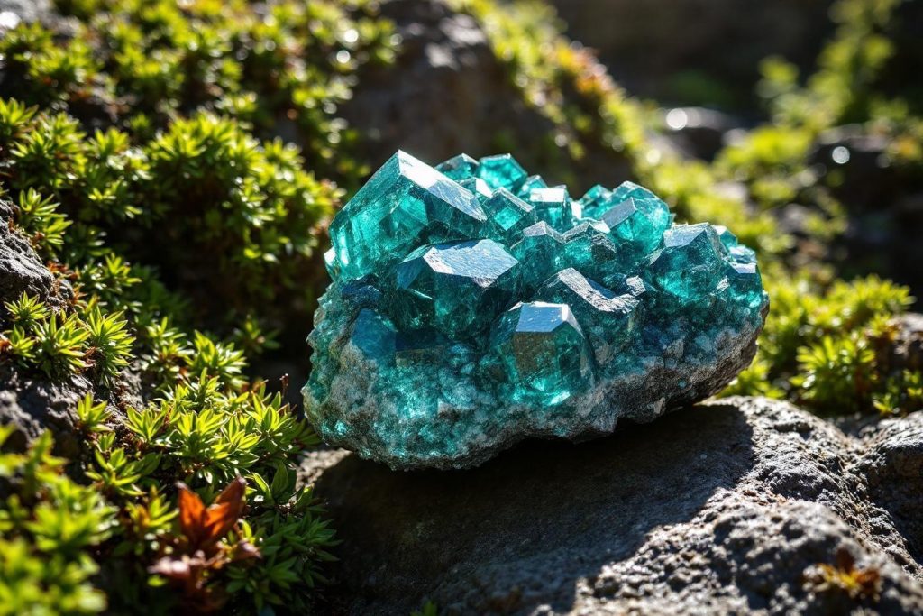 Cristaux bleu-vert brillants posés sur une roche recouverte de mousse