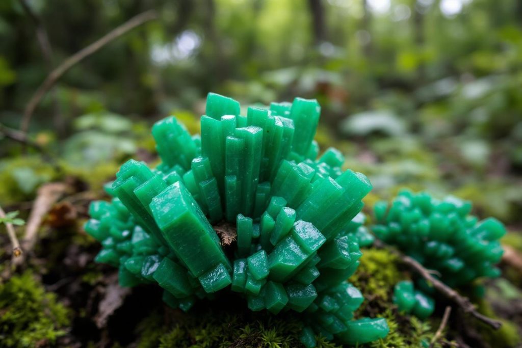 Cristaux verts brillants en forme de pics sur mousse