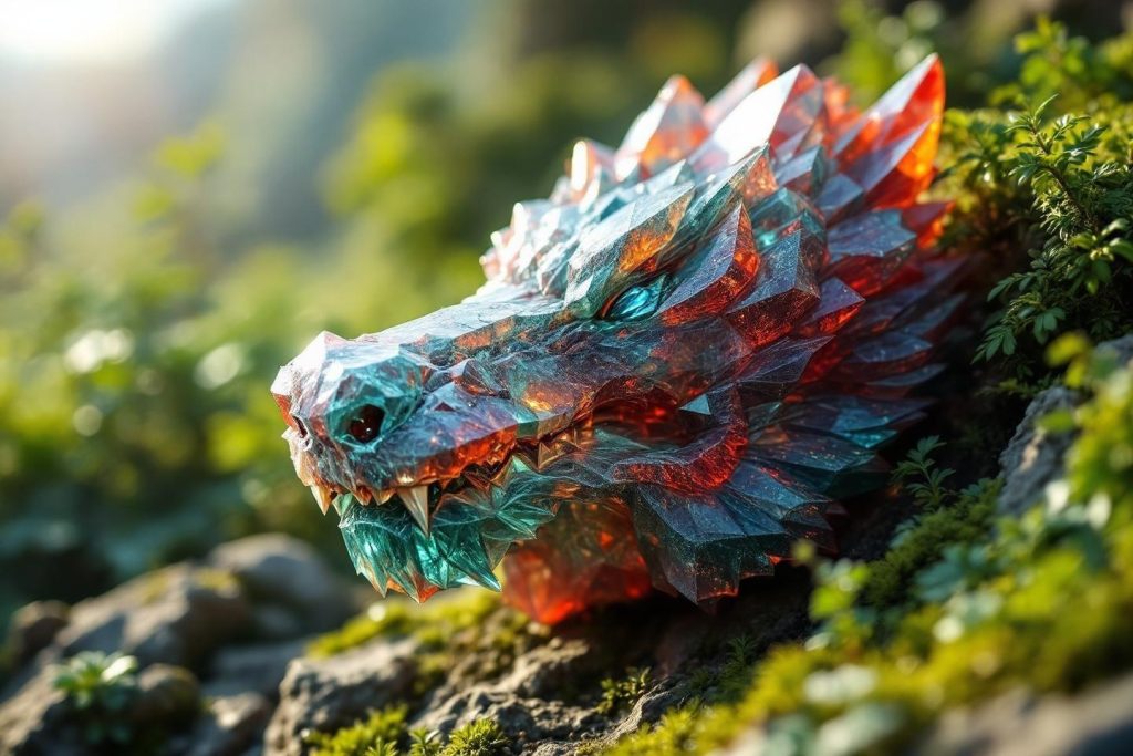 Tête de dragon géométrique aux couleurs de feu et de glace