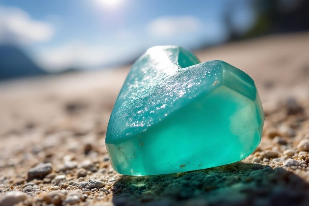 Pierre précieuse translucide brillante sur sable et rochers