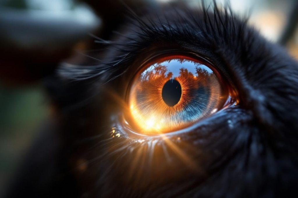 Gros plan d'un œil animal aux reflets dorés et bleus