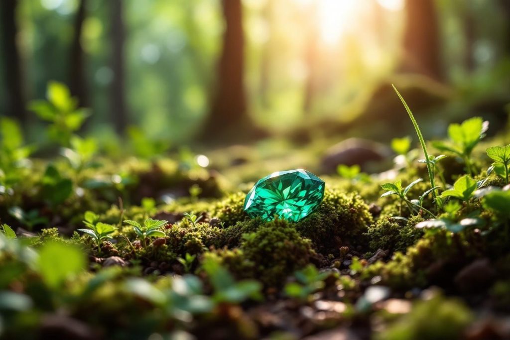 Gemme verte brillante posée sur de la mousse avec arbres en arrière-plan