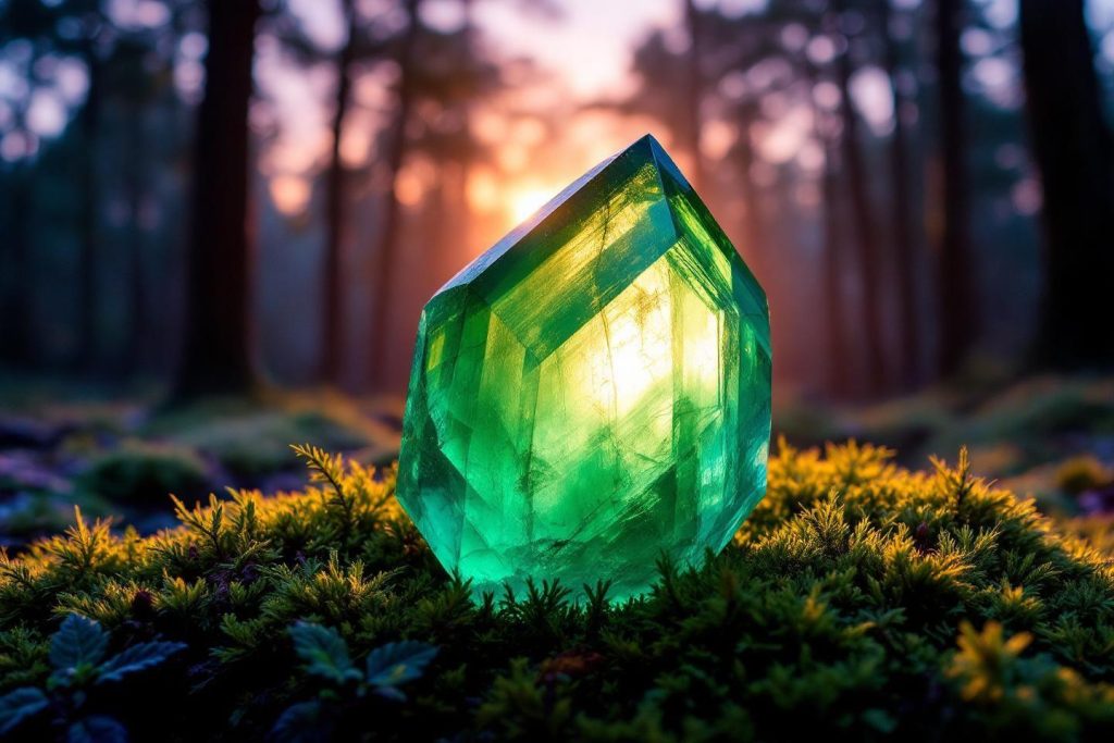 Cristal vert brillant posé sur mousse au crépuscule forestier