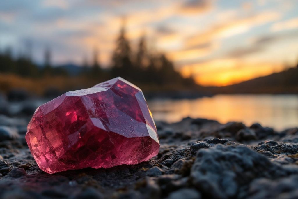 Pierre précieuse rouge sur des rochers avec coucher de soleil