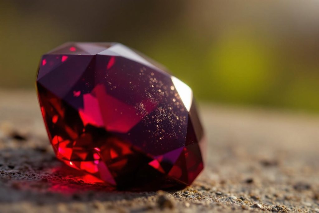 Gemme précieuse brillante aux reflets pourpres sur surface rocheuse